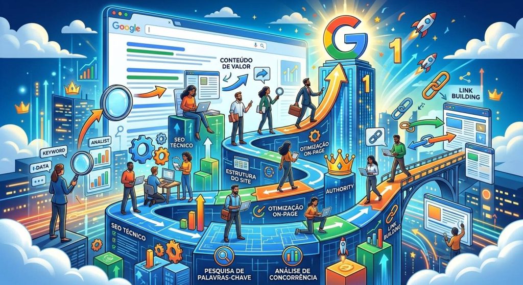 Estratégia de SEO: equipa a planear keyword research, otimização on-page e link building para subir no ranking do Google